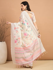 Women's Silk Cotton Off White Printed Designer Saree With Blouse Piece