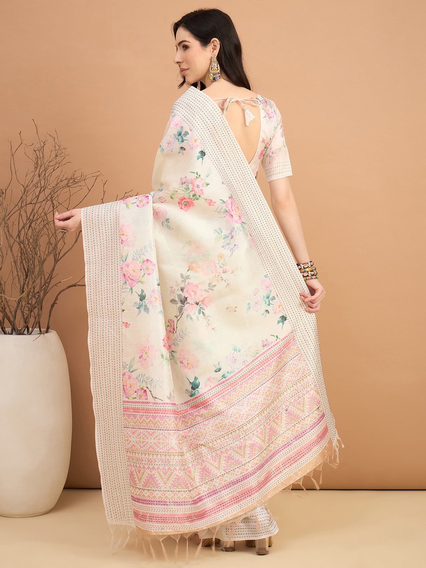 Women's Silk Cotton Off White Printed Designer Saree With Blouse Piece