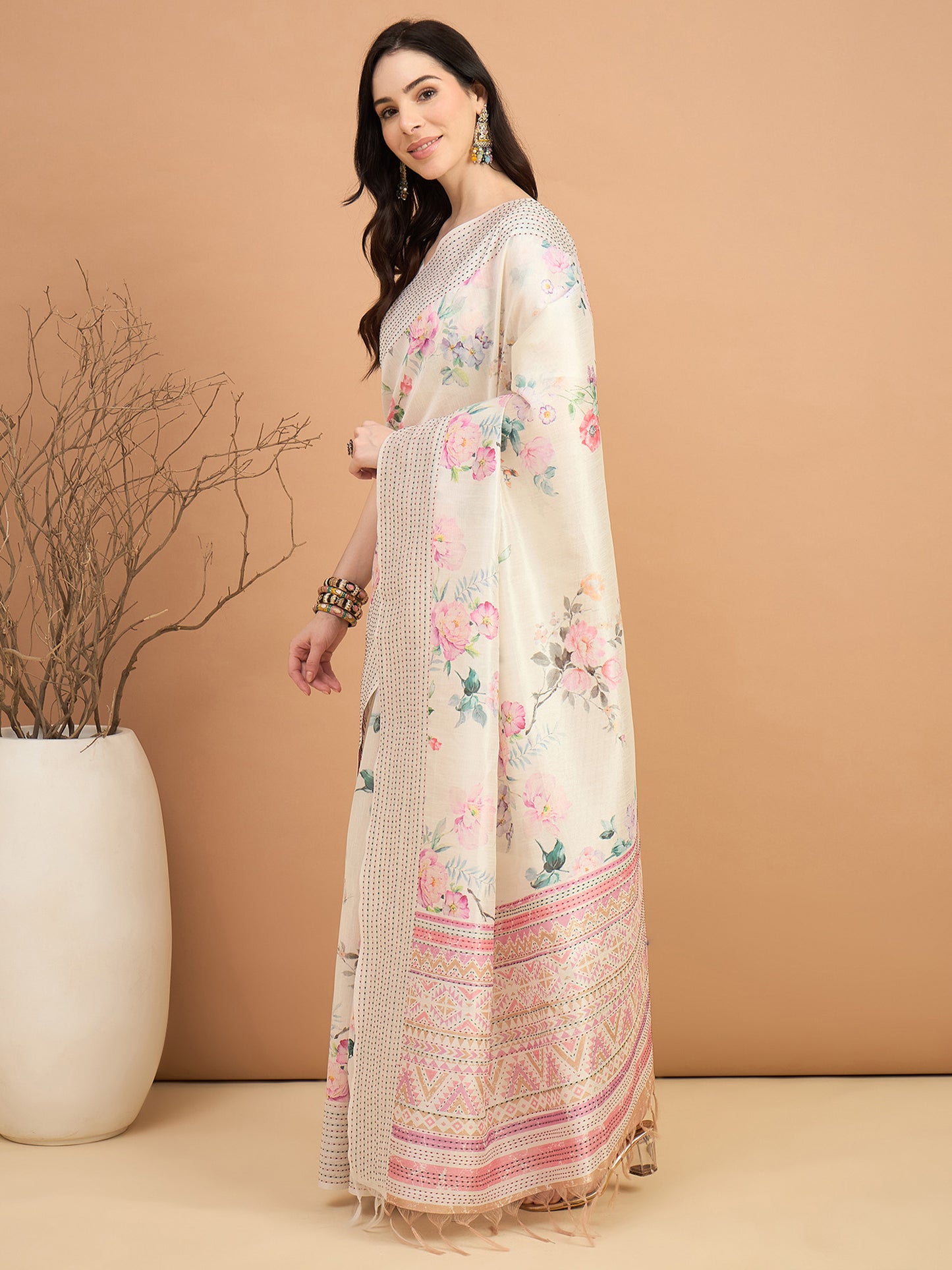 Women's Silk Cotton Off White Printed Designer Saree With Blouse Piece