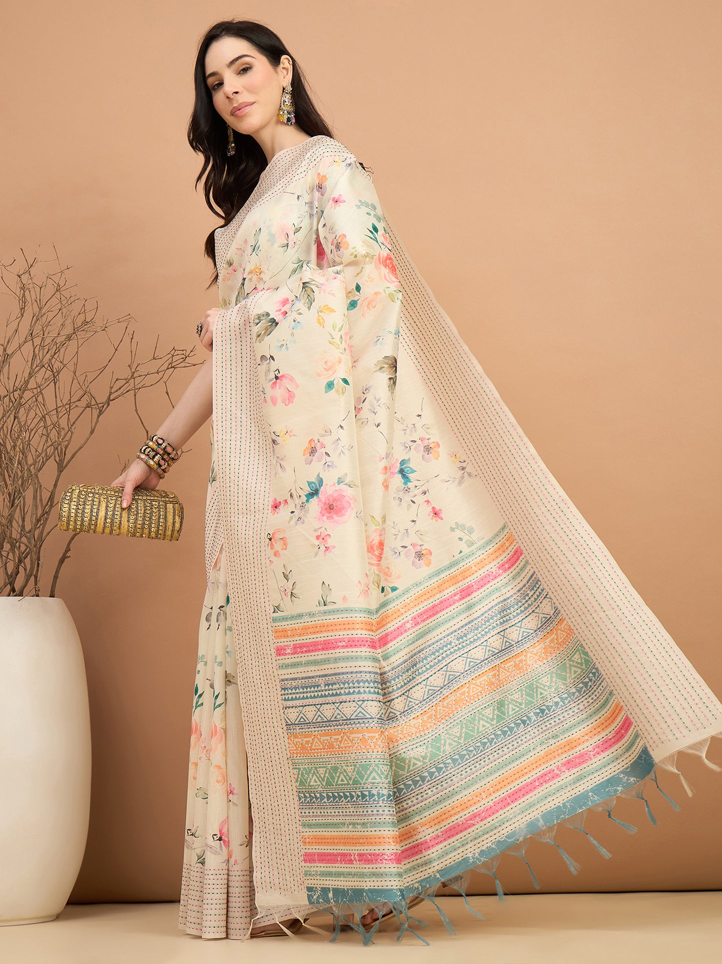 Women's Silk Cotton Off White Printed Designer Saree With Blouse Piece