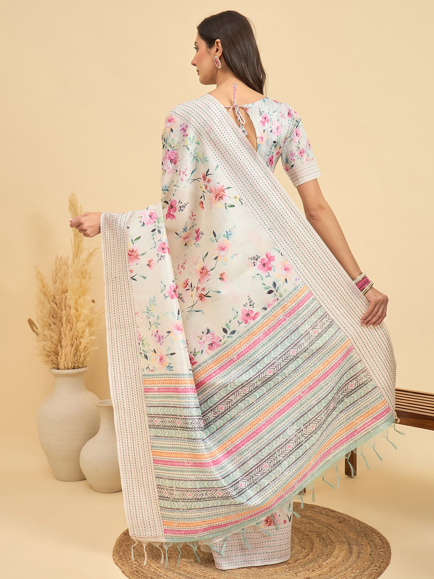 Women's Silk Cotton Off White Printed Designer Saree With Blouse Piece