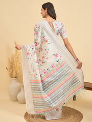 Women's Silk Cotton Off White Printed Designer Saree With Blouse Piece