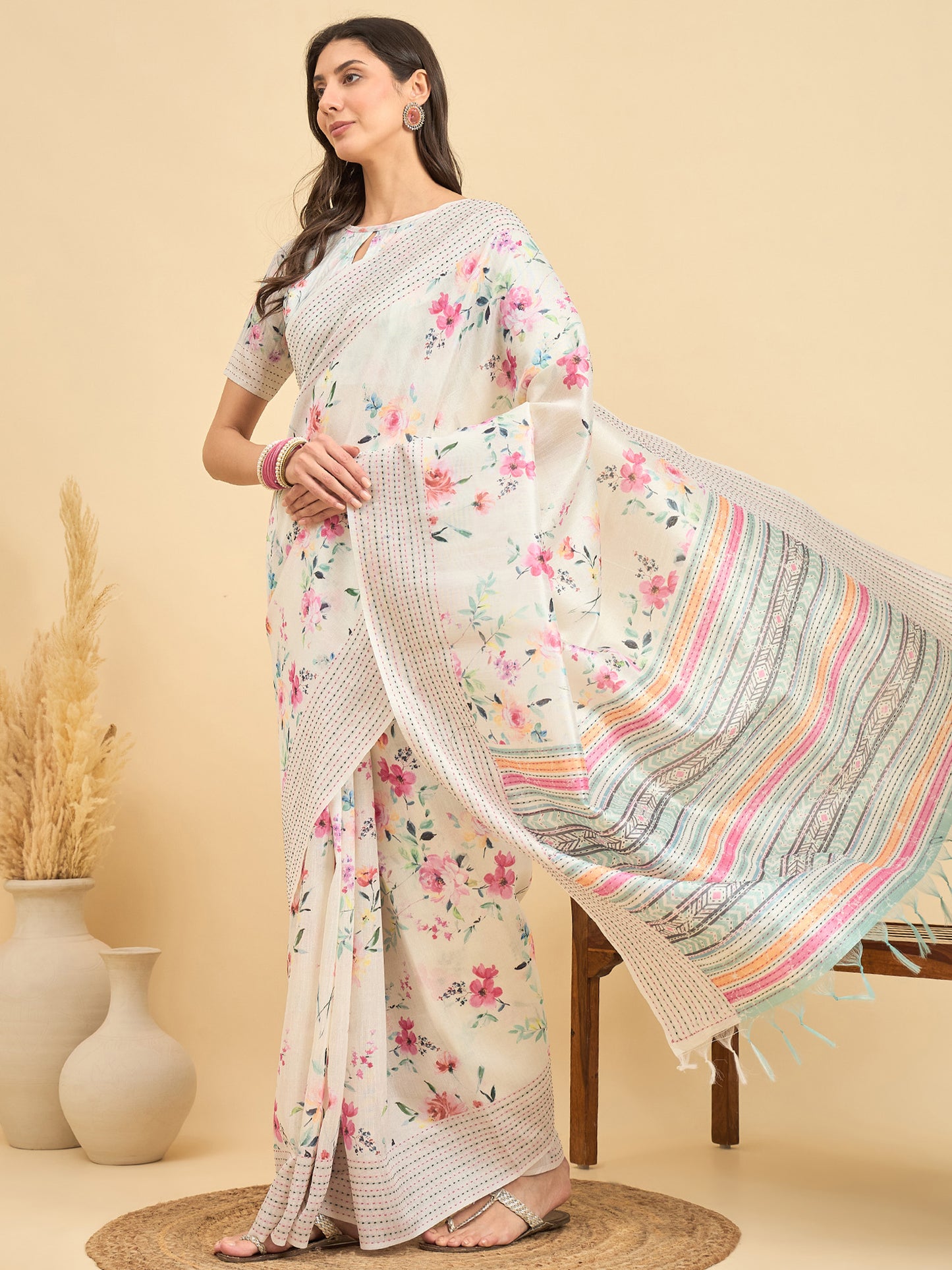 Women's Silk Cotton Off White Printed Designer Saree With Blouse Piece