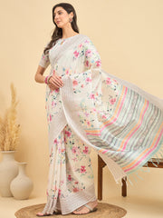 Women's Silk Cotton Off White Printed Designer Saree With Blouse Piece