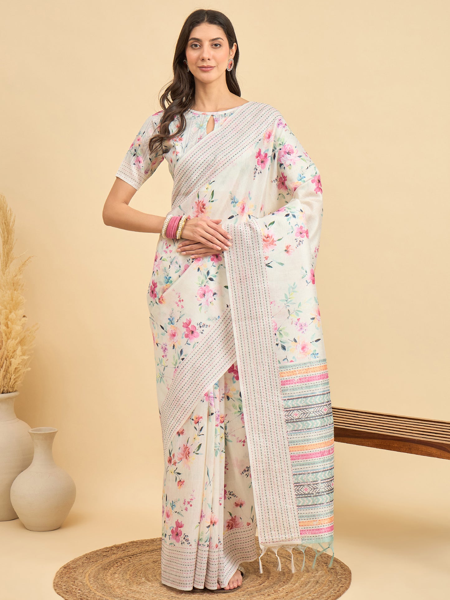 Women's Silk Cotton Off White Printed Designer Saree With Blouse Piece