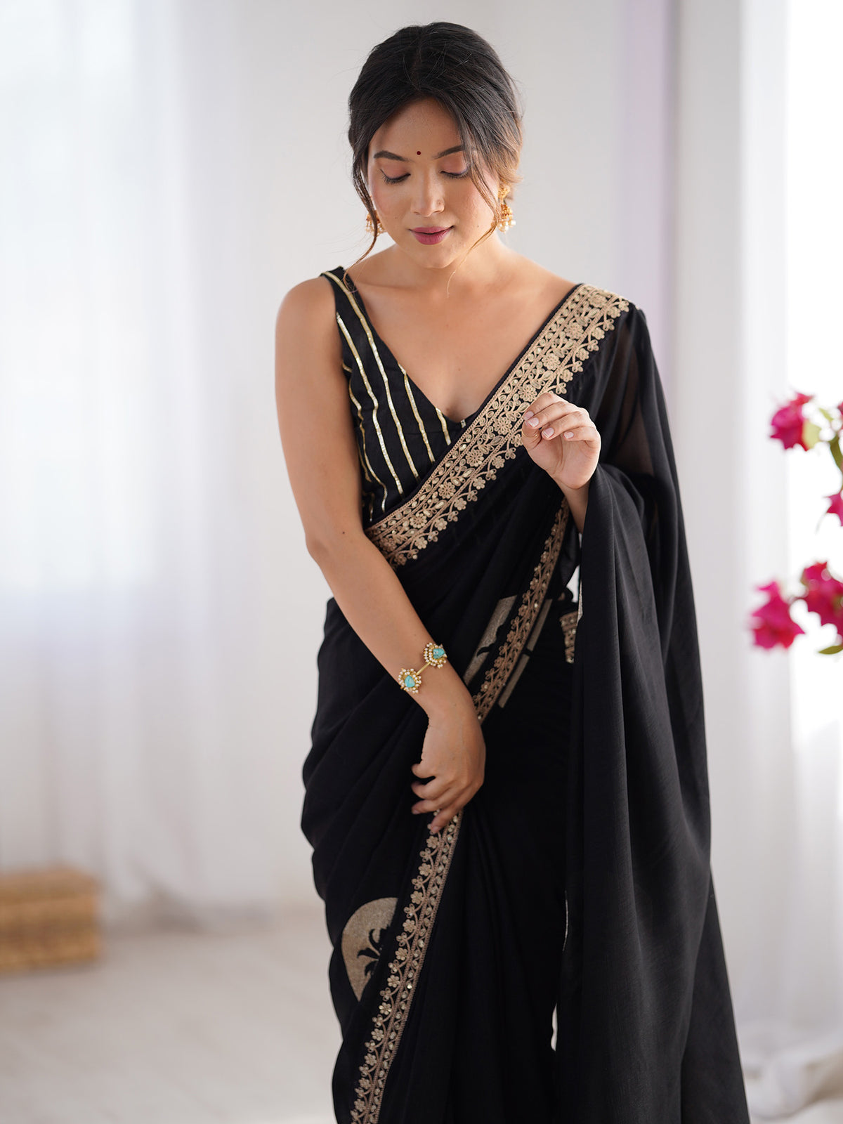 Women's Vichitra Silk Black Embellished Designer Saree With Blouse Piece