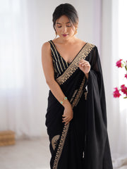 Women's Vichitra Silk Black Embellished Designer Saree With Blouse Piece