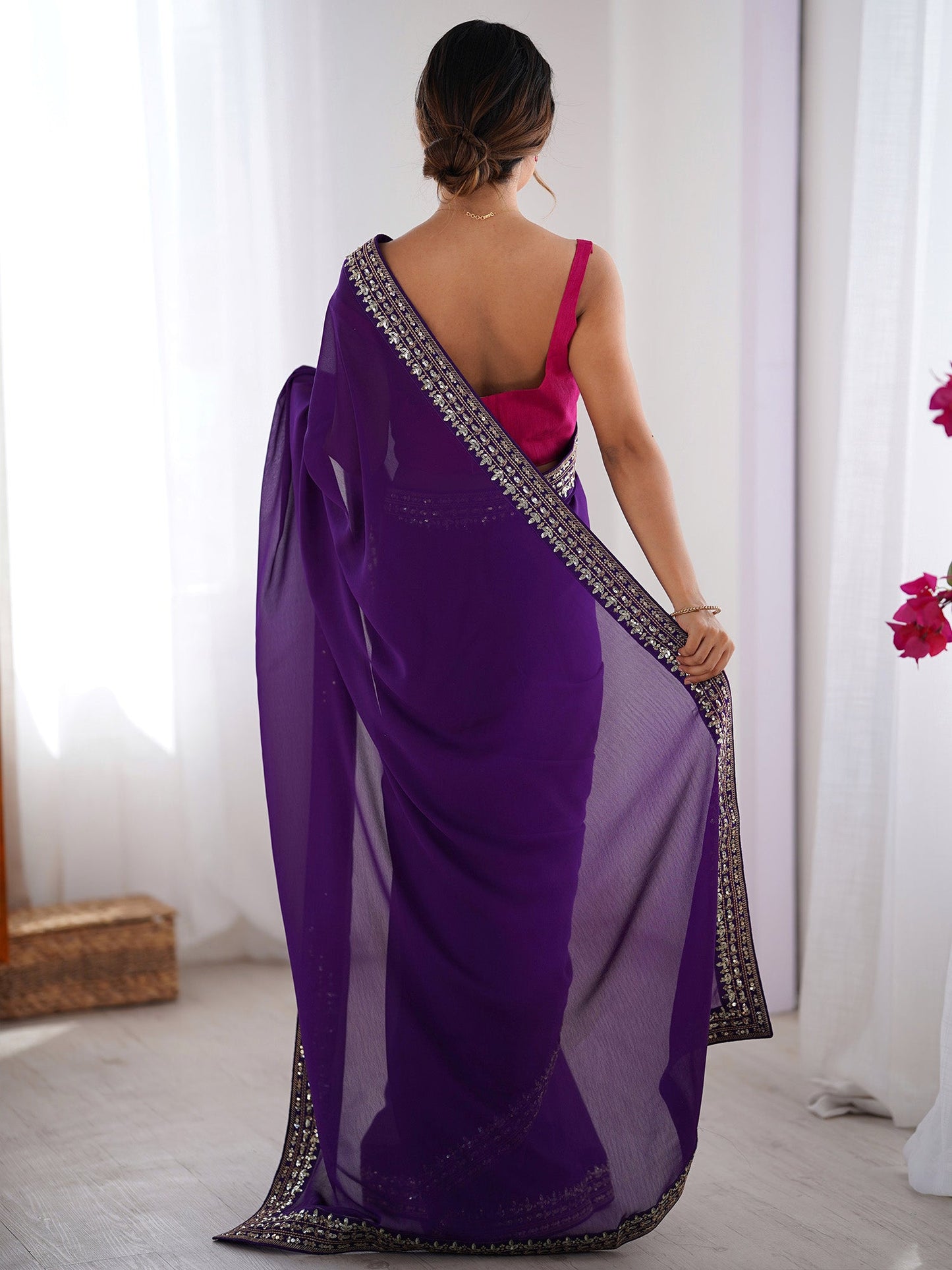 Women's Vichitra Silk Black Embellished Designer Saree With Blouse Piece