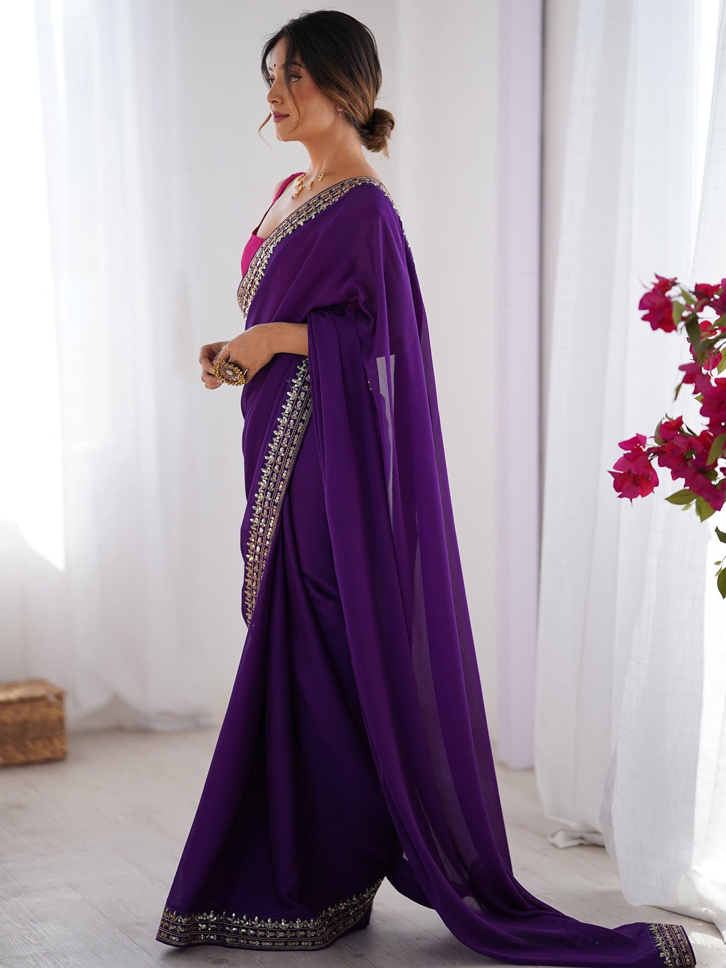 Women's Vichitra Silk Black Embellished Designer Saree With Blouse Piece