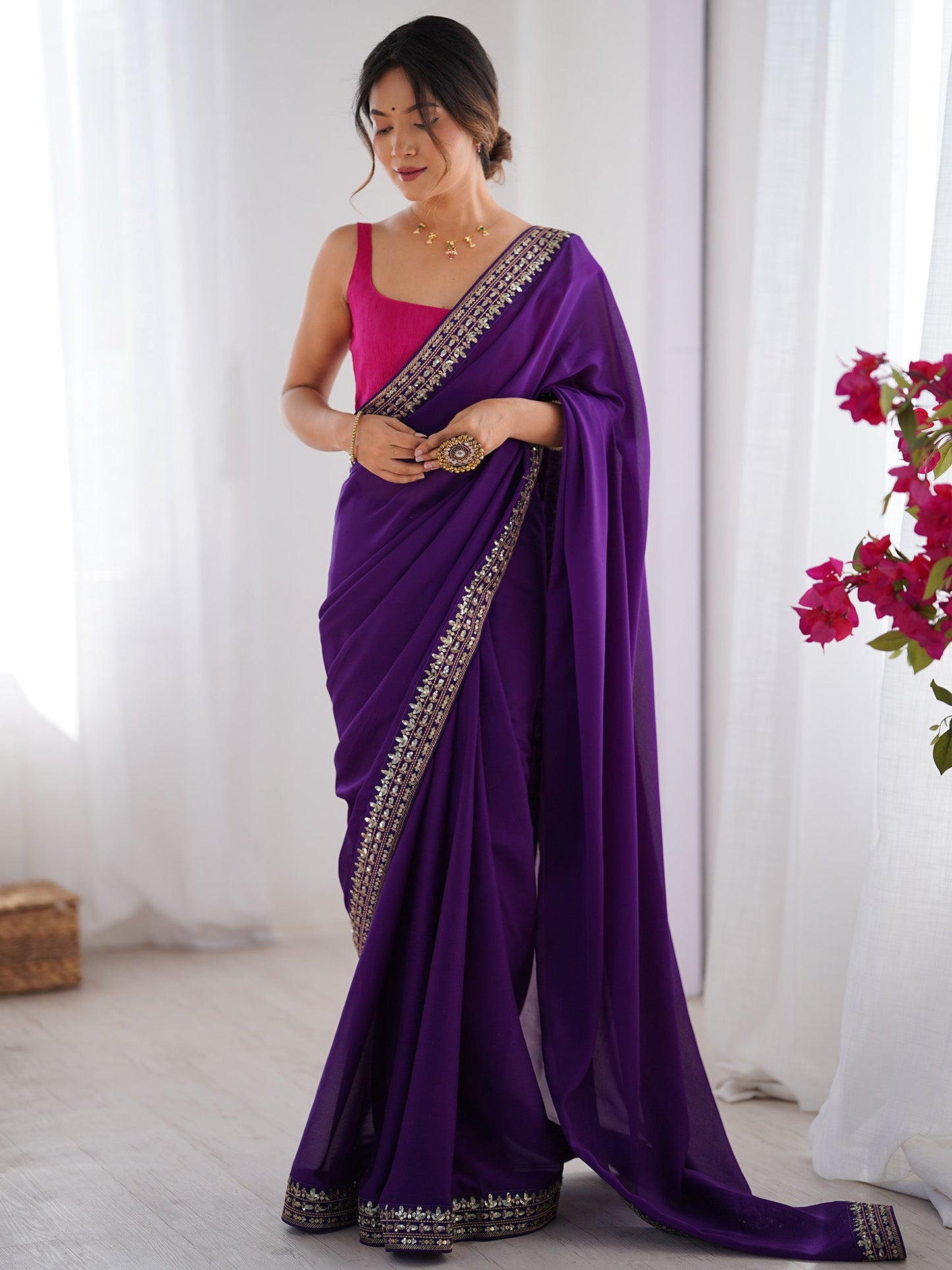 Women's Vichitra Silk Black Embellished Designer Saree With Blouse Piece