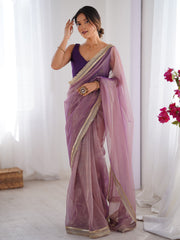 Women's Net Peach Embellished Designer Saree With Blouse Piece