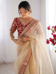 Women's Organza Cream Embellished Designer Saree With Blouse Piece