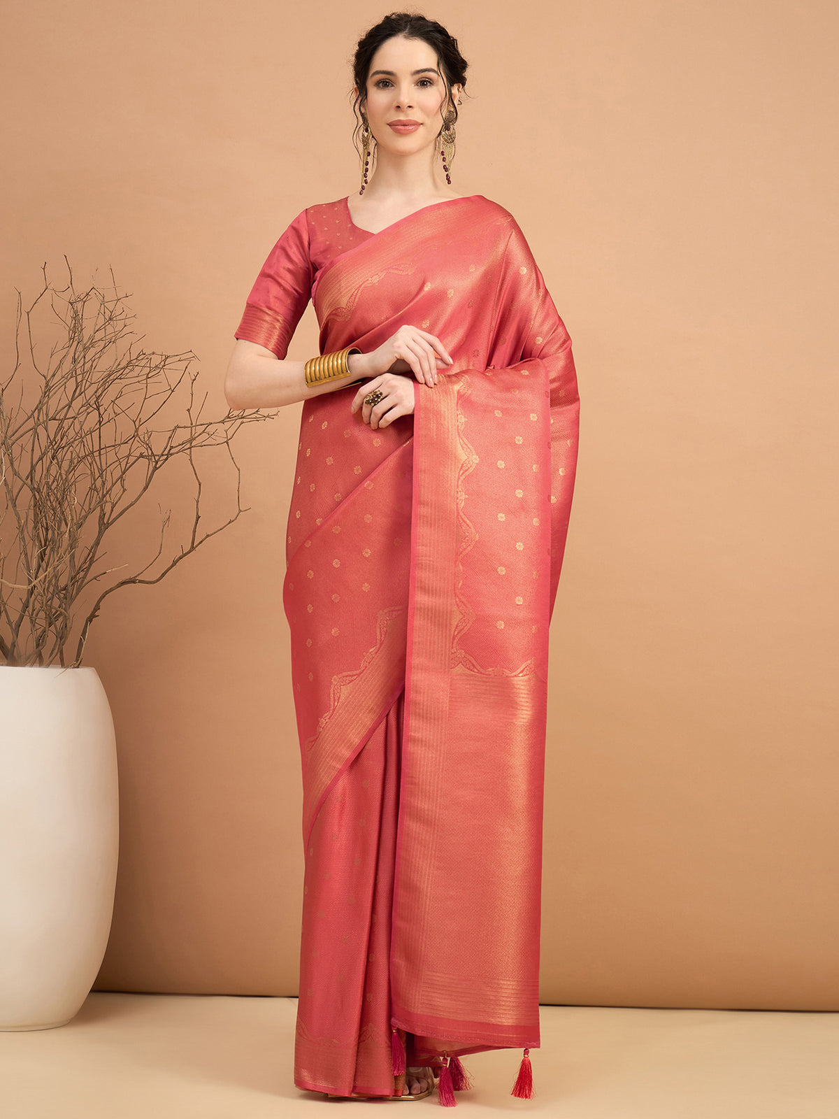 Women's Satin Silk Rust Woven Design Designer Saree With Blouse Piece