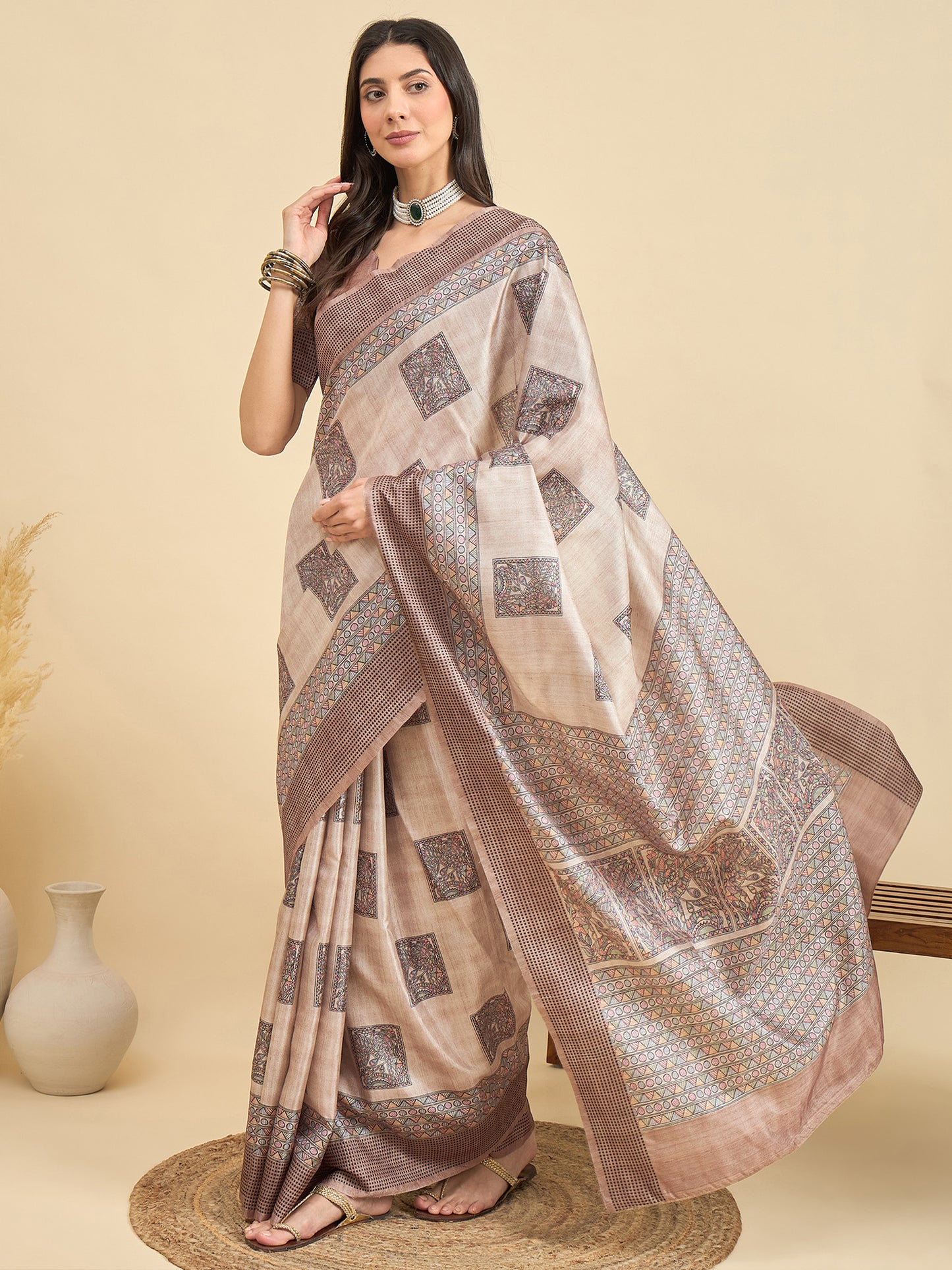 Women's Manipuri Silk Beige Printed Designer Saree With Blouse Piece