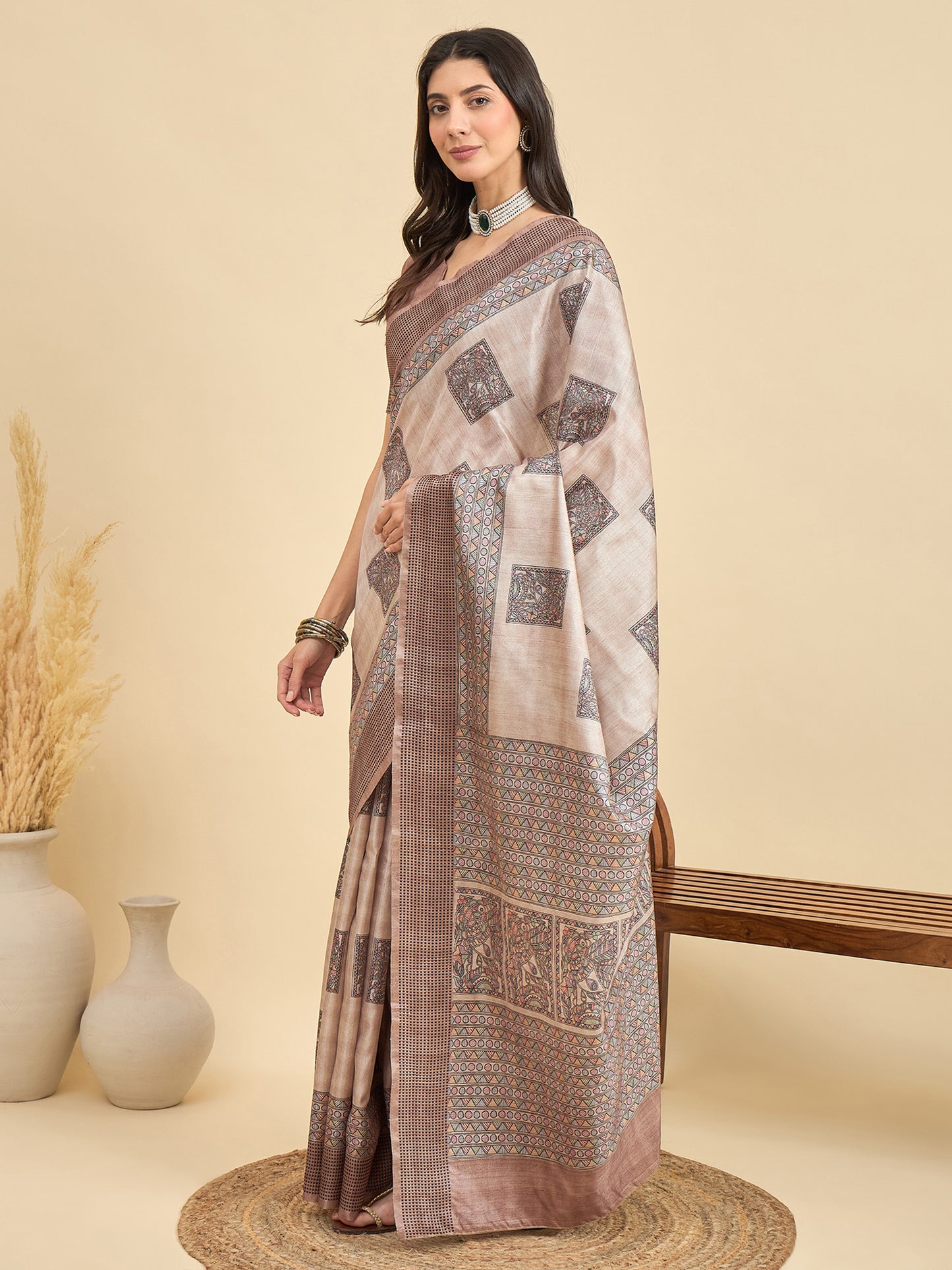 Women's Manipuri Silk Beige Printed Designer Saree With Blouse Piece