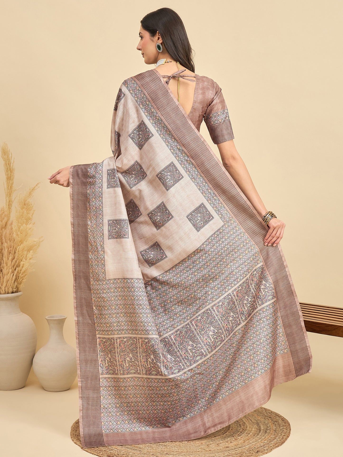 Women's Manipuri Silk Beige Printed Designer Saree With Blouse Piece