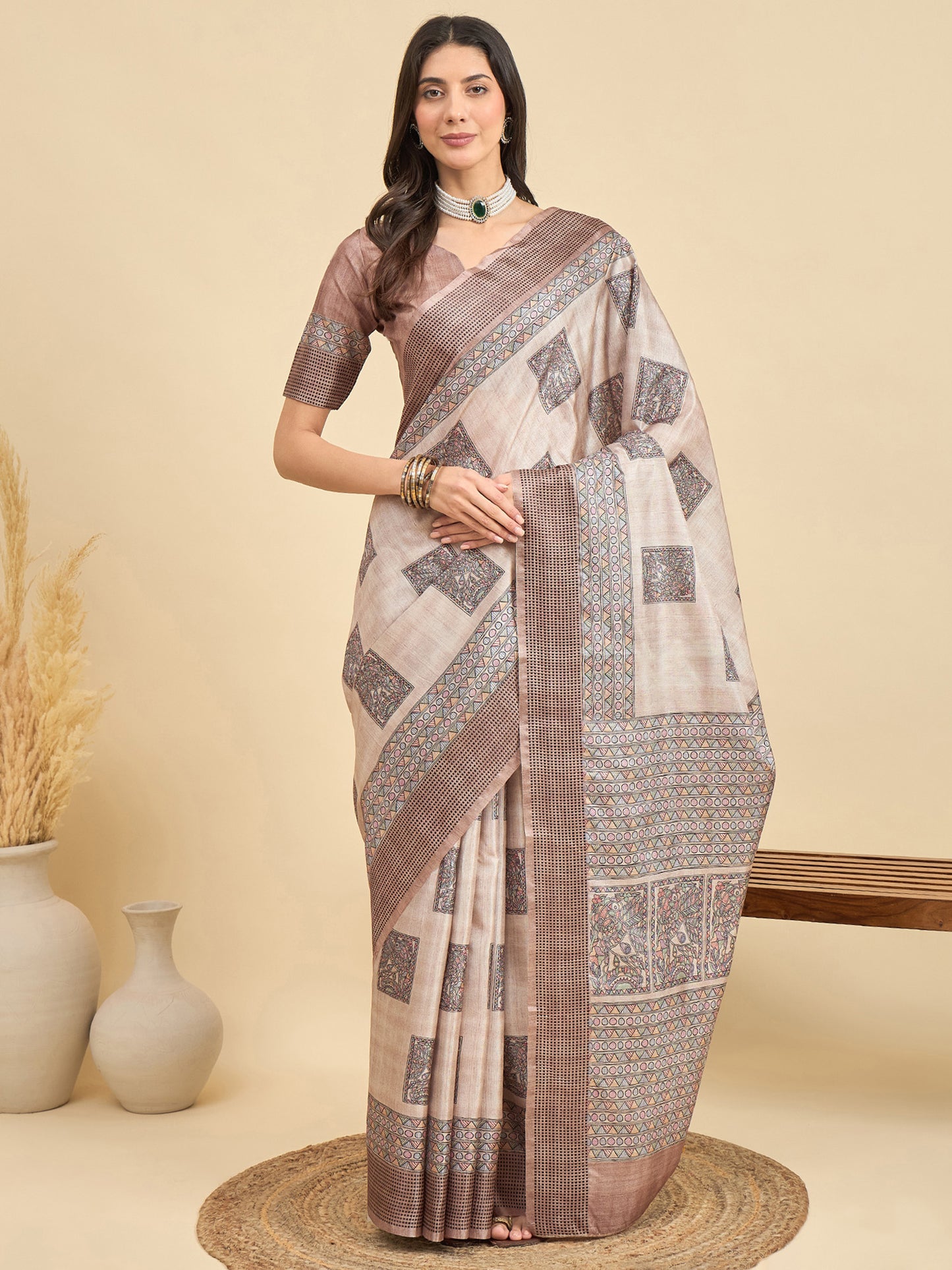 Women's Manipuri Silk Beige Printed Designer Saree With Blouse Piece