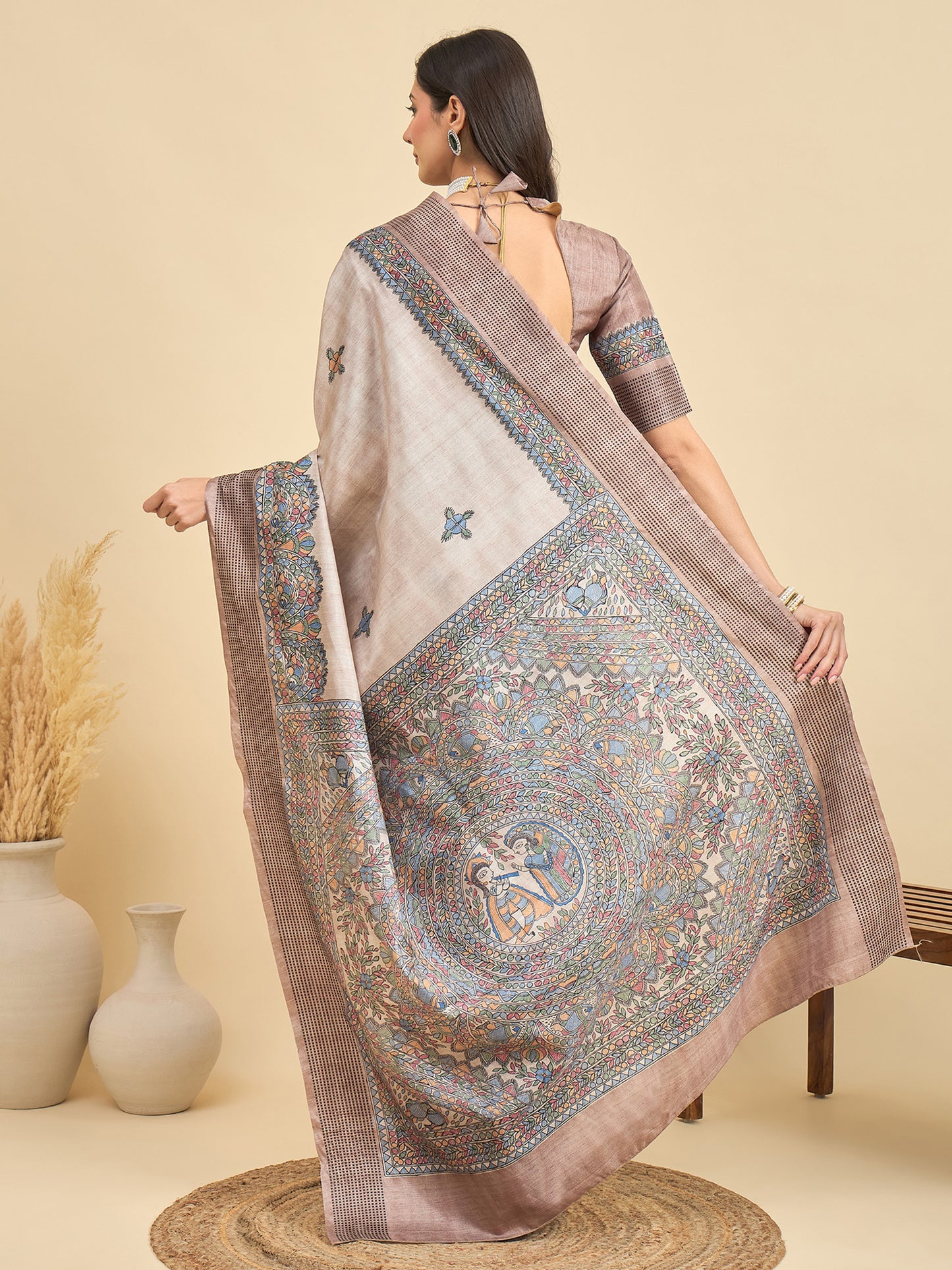 Women's Manipuri Silk Beige Printed Designer Saree With Blouse Piece
