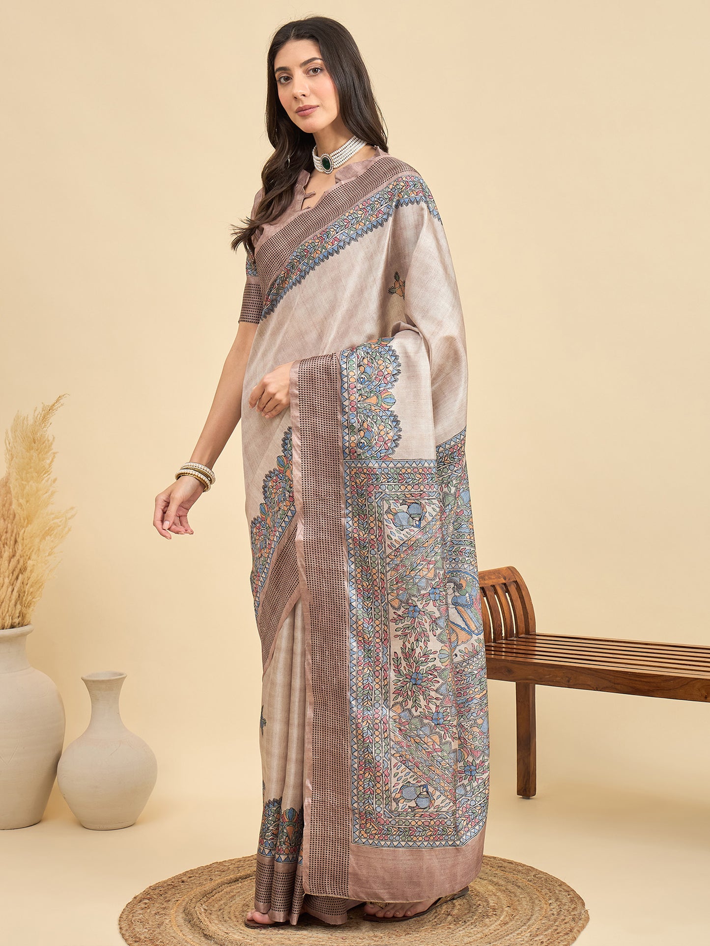 Women's Manipuri Silk Beige Printed Designer Saree With Blouse Piece