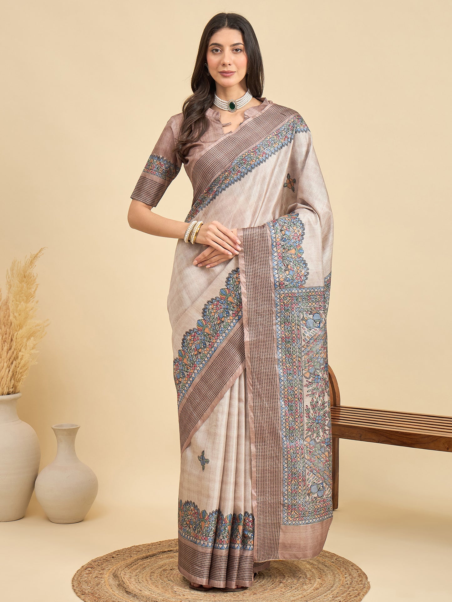 Women's Manipuri Silk Beige Printed Designer Saree With Blouse Piece