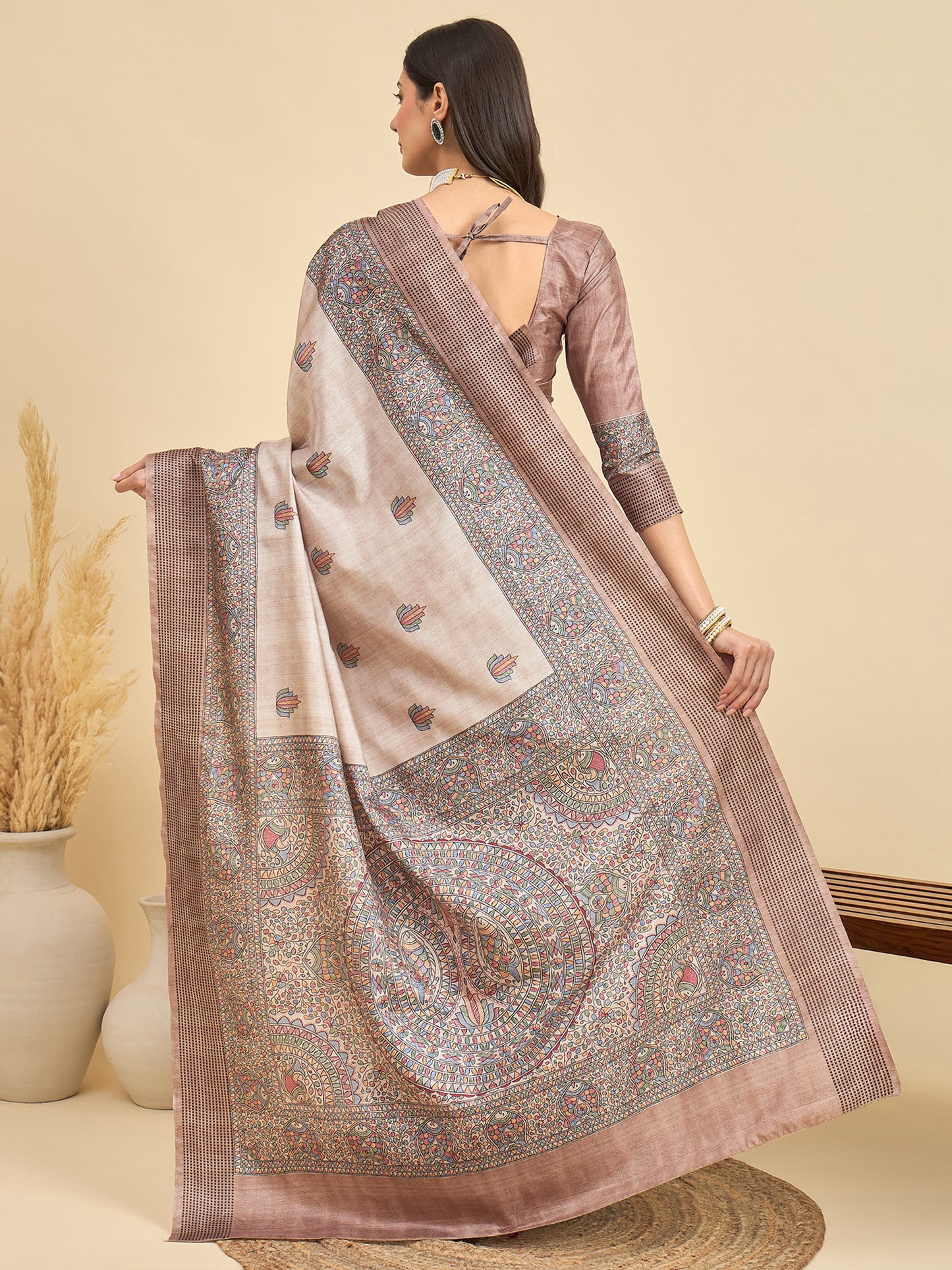 Women's Manipuri Silk Beige Printed Designer Saree With Blouse Piece
