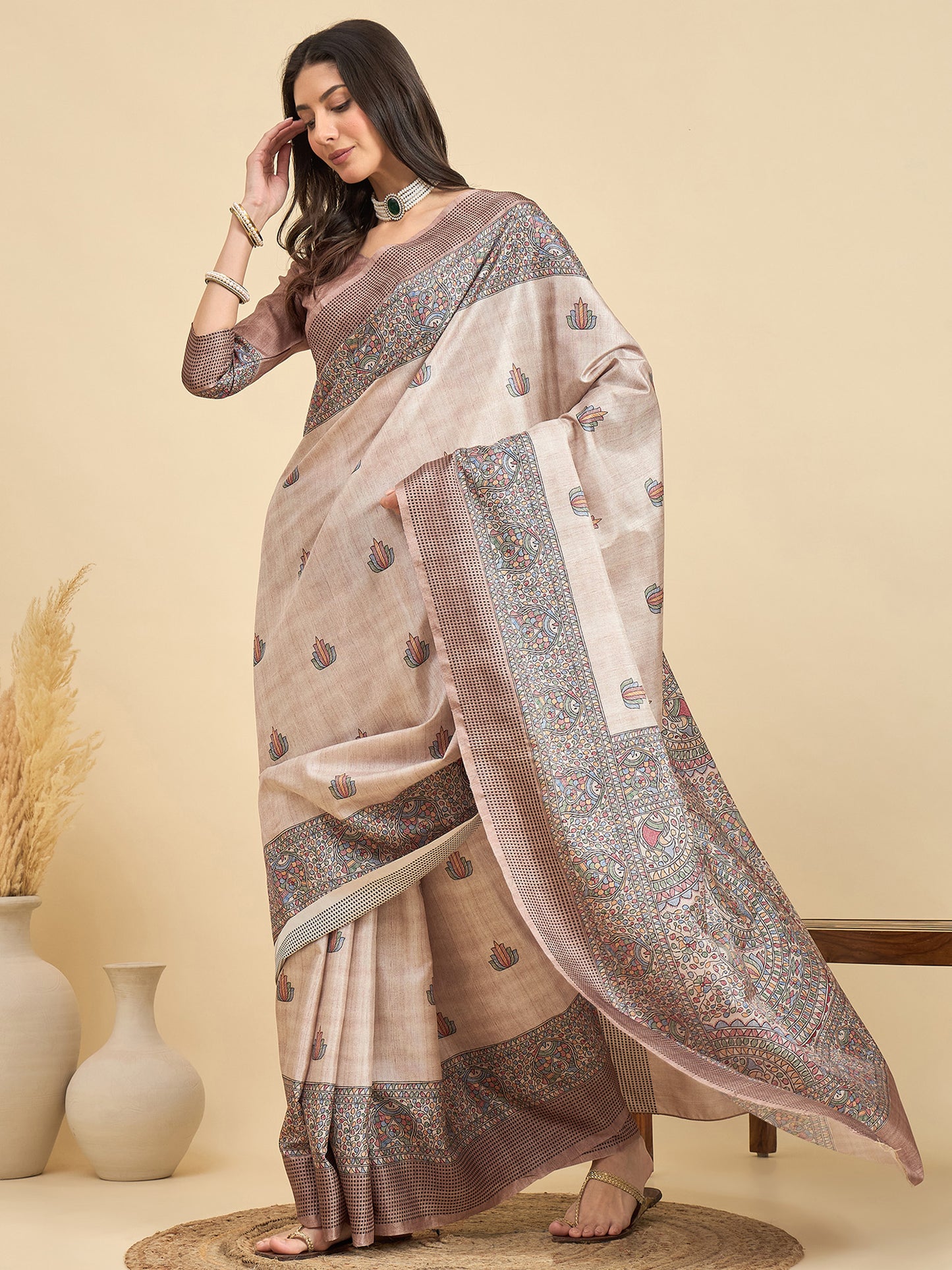 Women's Manipuri Silk Beige Printed Designer Saree With Blouse Piece
