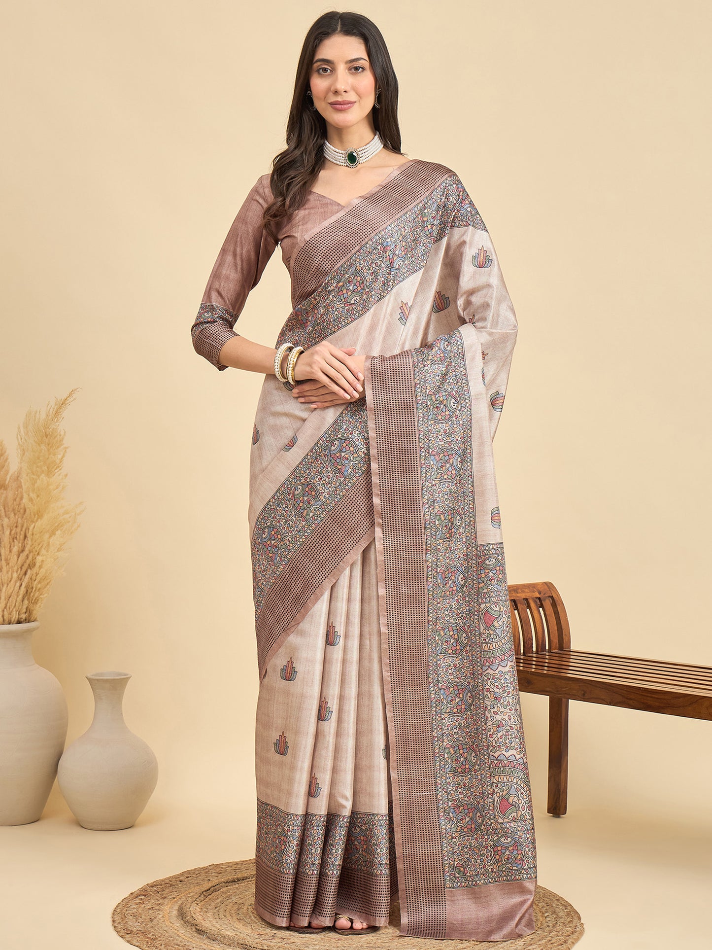 Women's Manipuri Silk Beige Printed Designer Saree With Blouse Piece