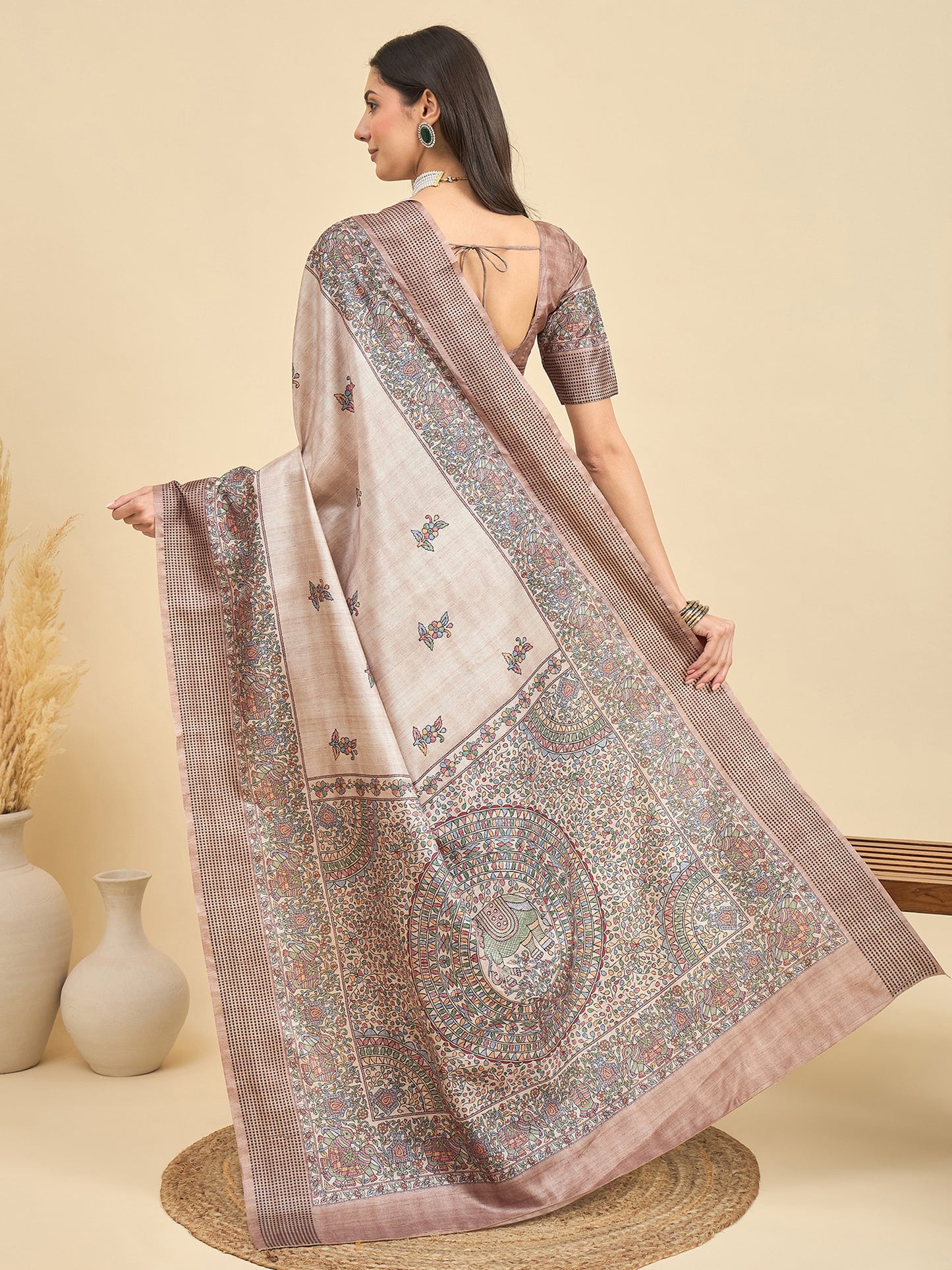Women's Manipuri Silk Beige Printed Designer Saree With Blouse Piece