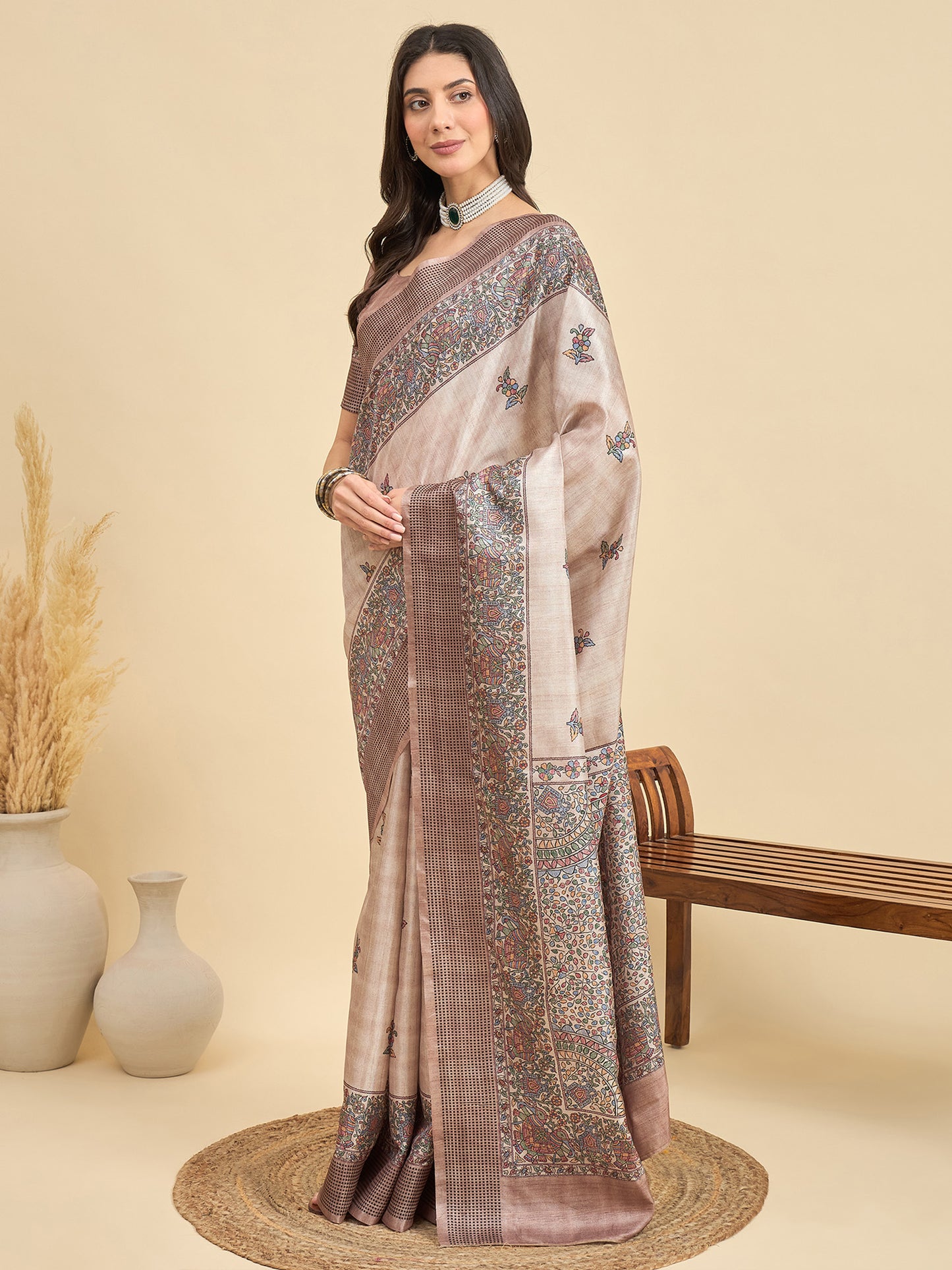 Women's Manipuri Silk Beige Printed Designer Saree With Blouse Piece