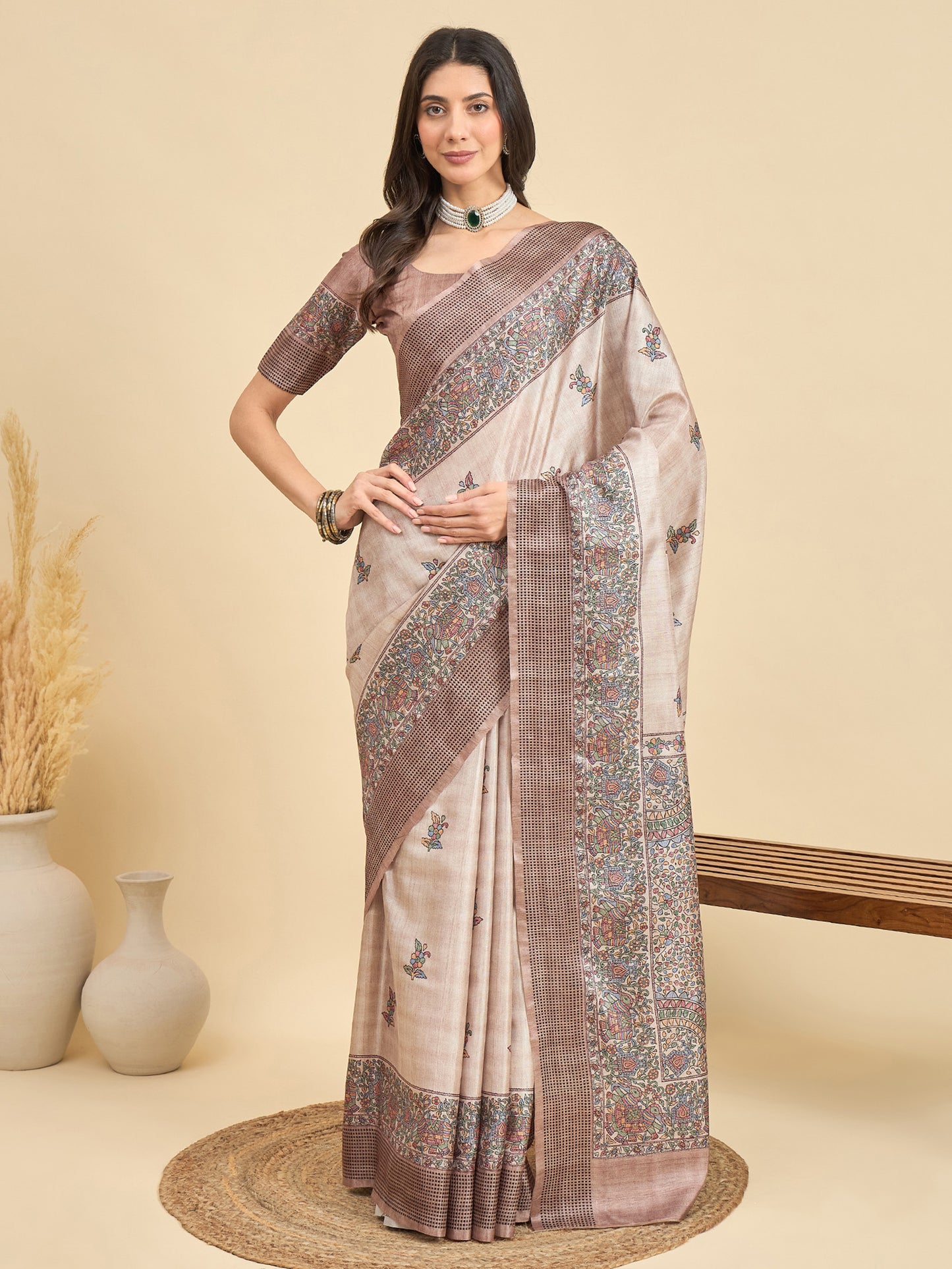 Women's Manipuri Silk Beige Printed Designer Saree With Blouse Piece