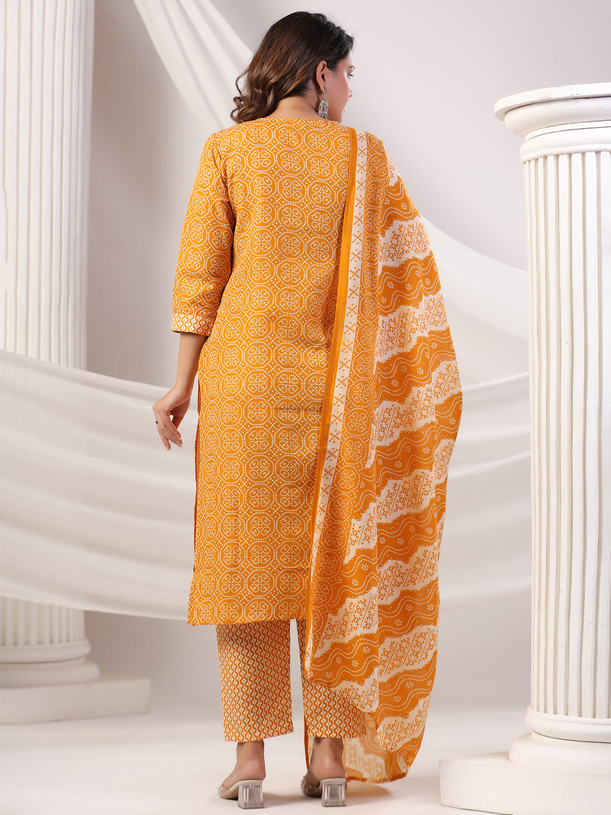 Mustard Printed Straight Kurta Trousers With Dupatta set-KH0MT10928