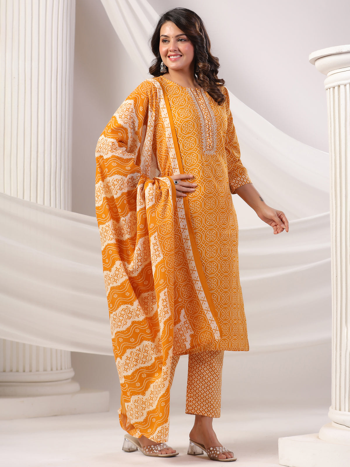 Mustard Printed Straight Kurta Trousers With Dupatta set-KH0MT10928