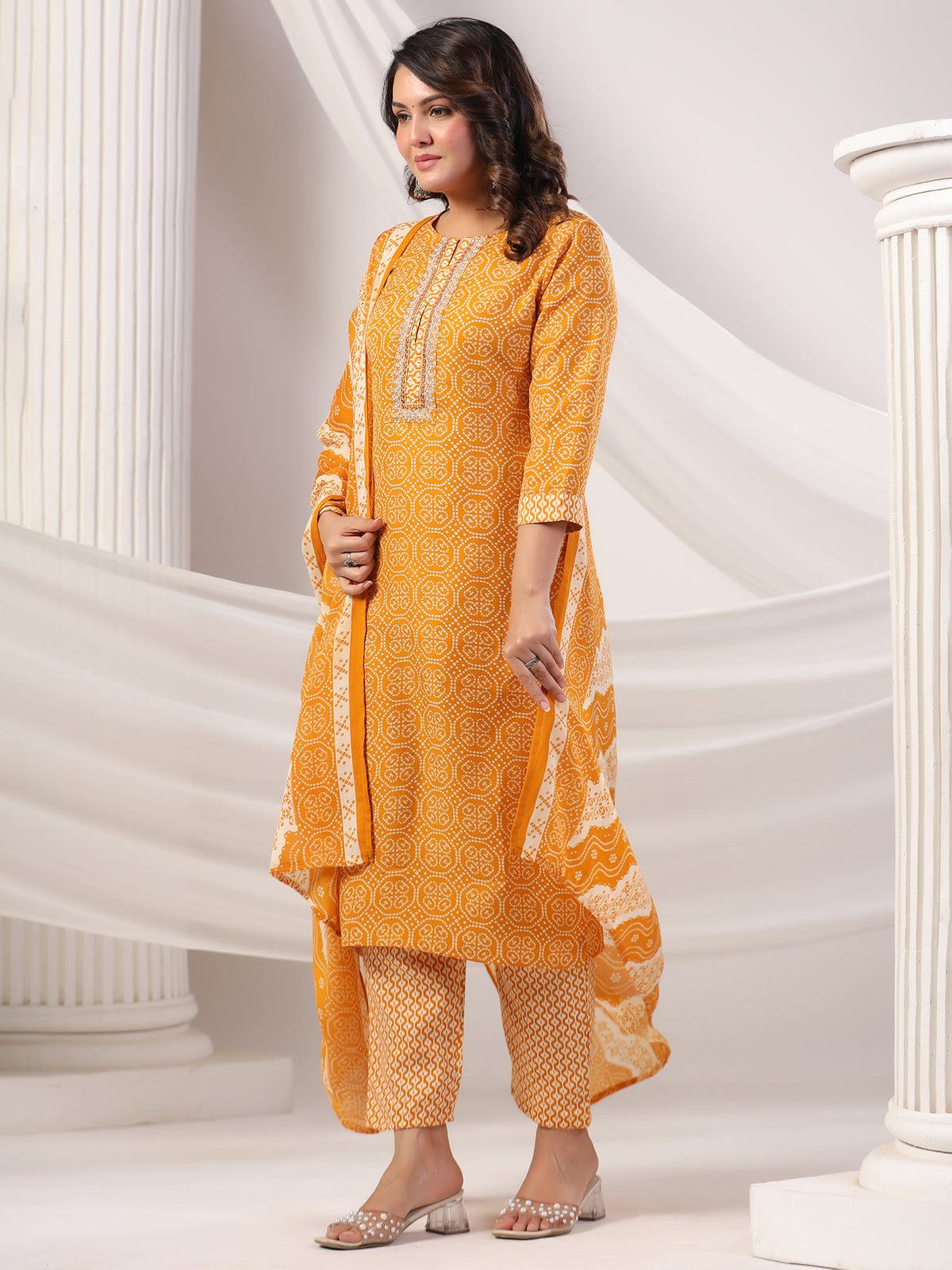 Mustard Printed Straight Kurta Trousers With Dupatta set-KH0MT10928