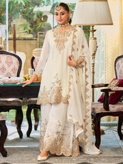 White Embroidered Straight Kurta Palazzos With Dupatta Set