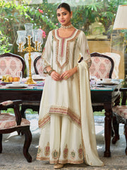 White Embroidered A-Line Kurta Palazzos With Dupatta Set