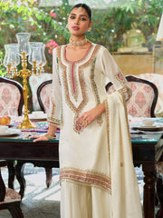 White Embroidered A-Line Kurta Palazzos With Dupatta Set