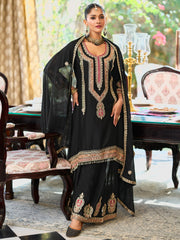 Indo Era - Black Embroidered A-Line Kurta Palazzos With Dupatta Set