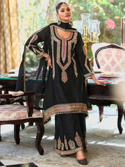 Indo Era - Black Embroidered A-Line Kurta Palazzos With Dupatta Set