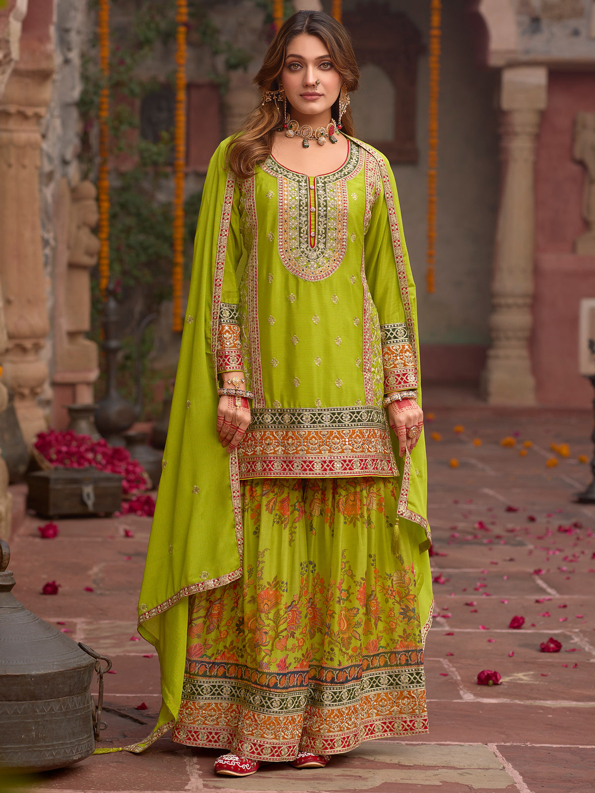 Green Embroidered Straight Kurta Sharara With Dupatta Set-KH9GN10831