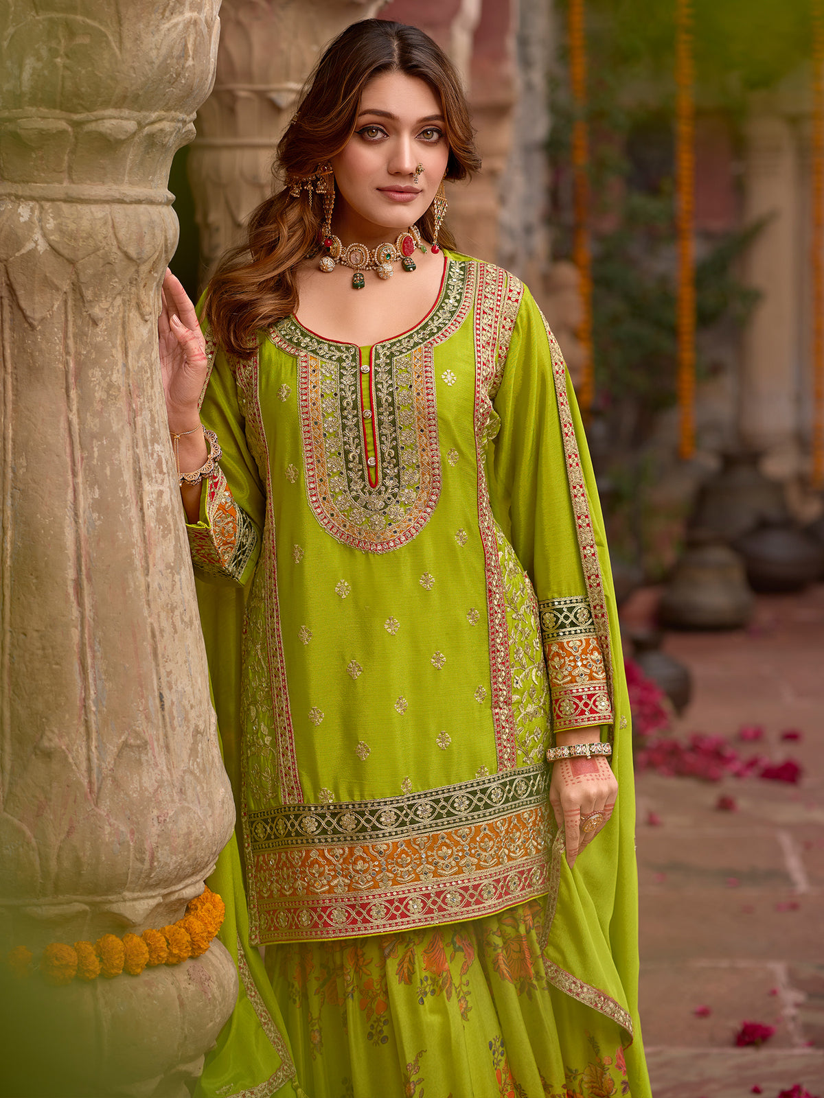 Green Embroidered Straight Kurta Sharara With Dupatta Set-KH9GN10831
