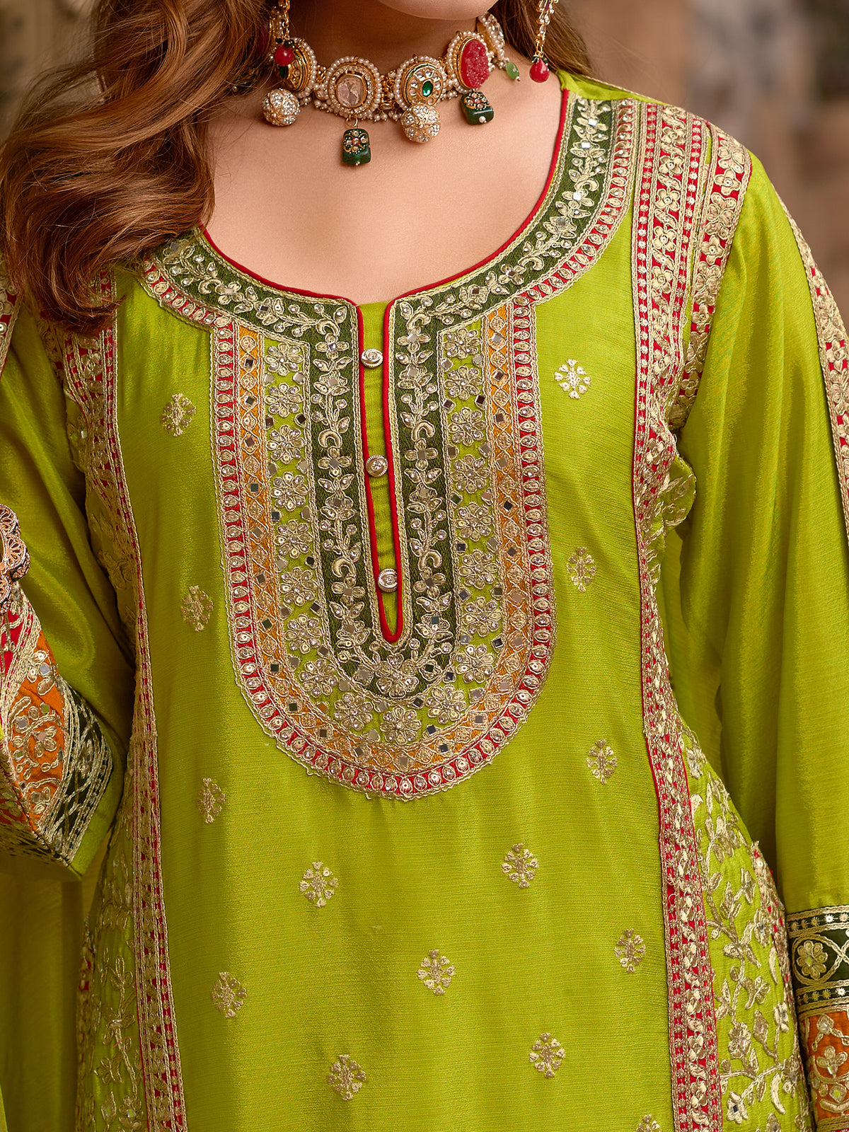 Green Embroidered Straight Kurta Sharara With Dupatta Set-KH9GN10831