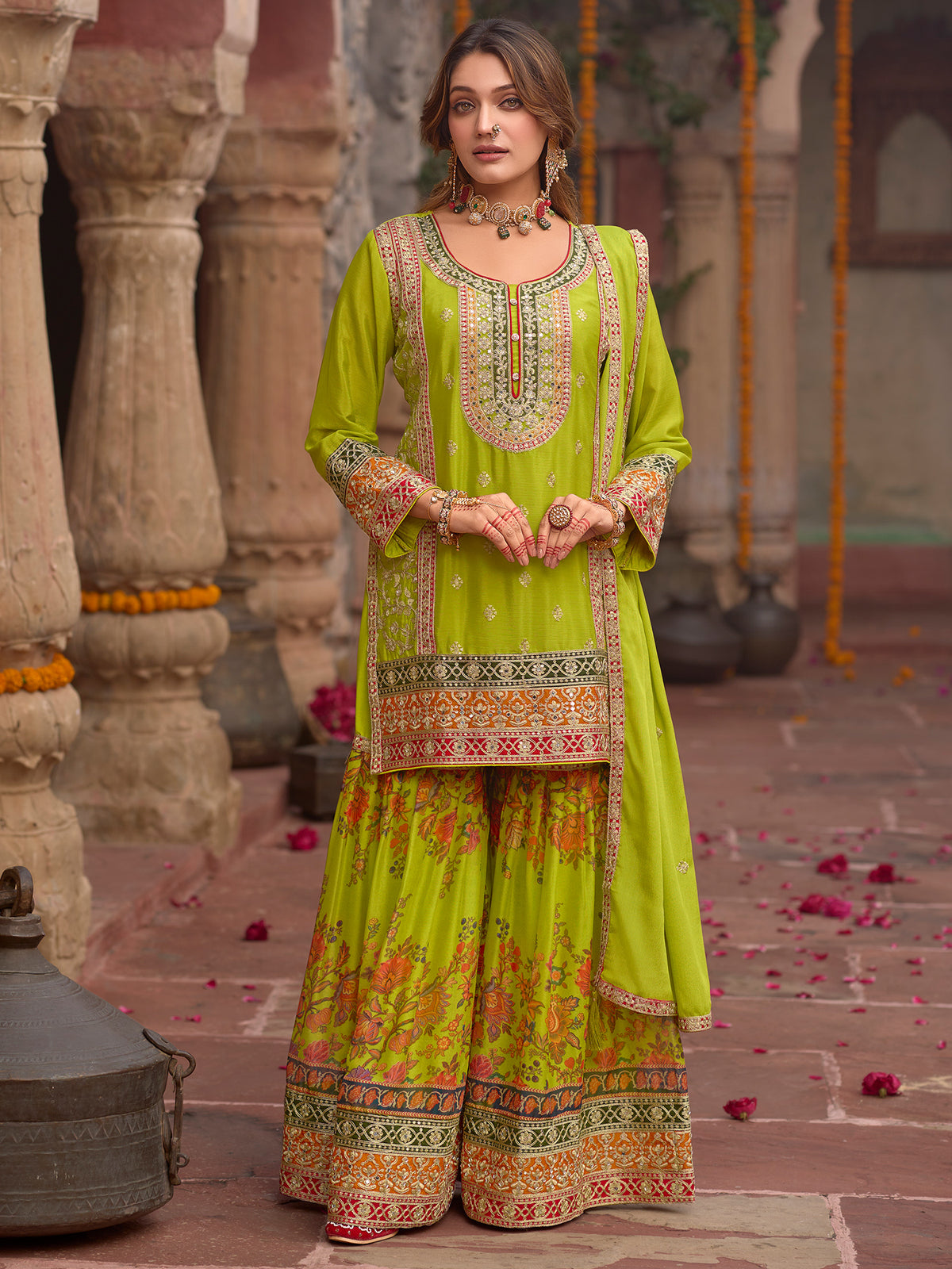 Green Embroidered Straight Kurta Sharara With Dupatta Set-KH9GN10831