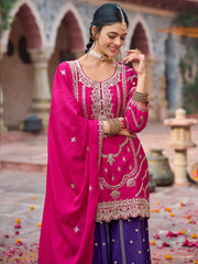 Pink Embroidered Straight Kurta Palazzos With Dupatta Set