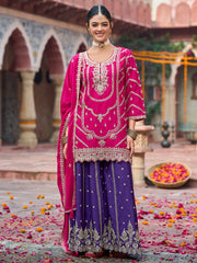Pink Embroidered Straight Kurta Palazzos With Dupatta Set