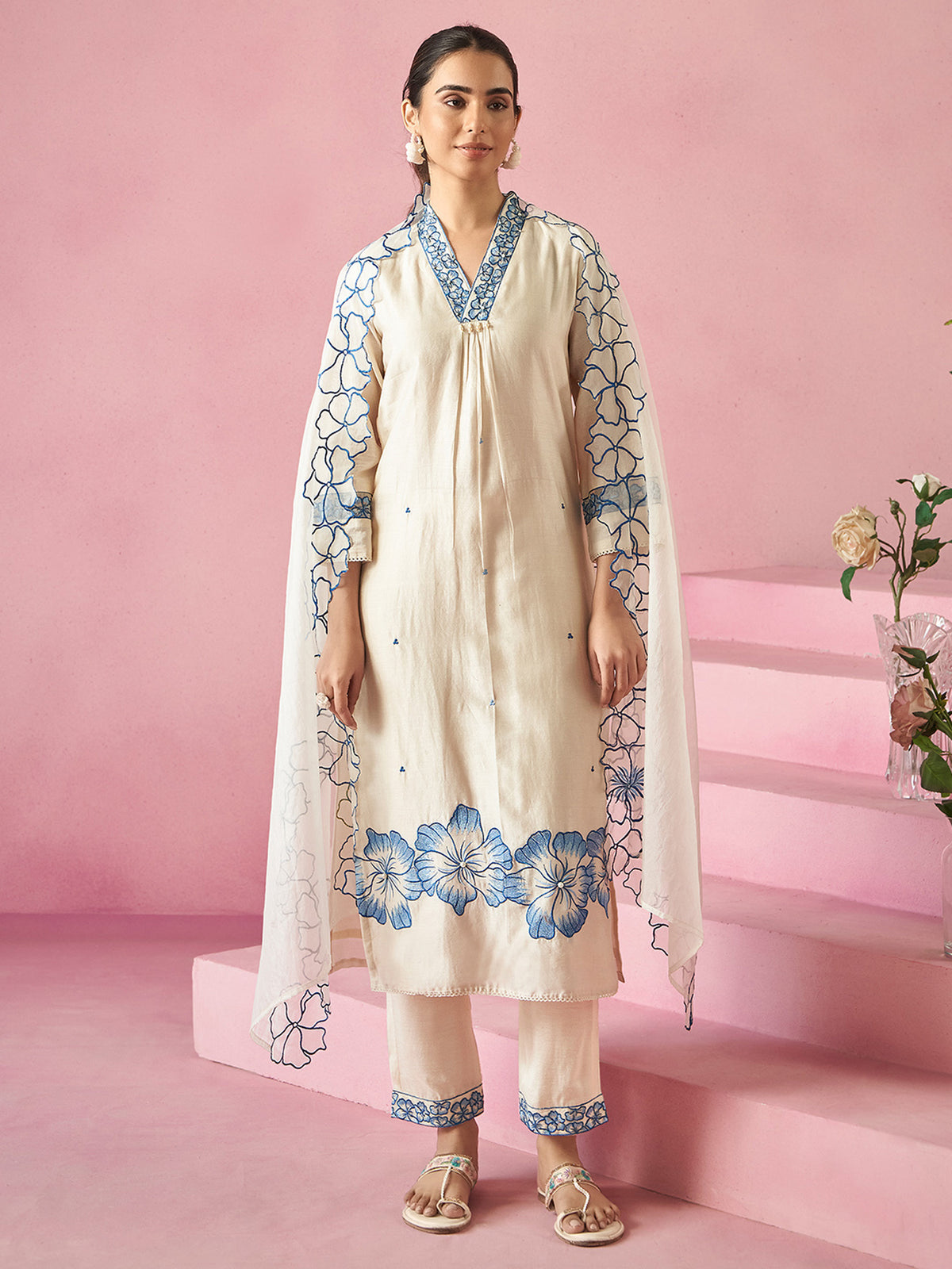 Off White Embroidered Straight Kurta Trousers With Dupatta set-KH9OW11113