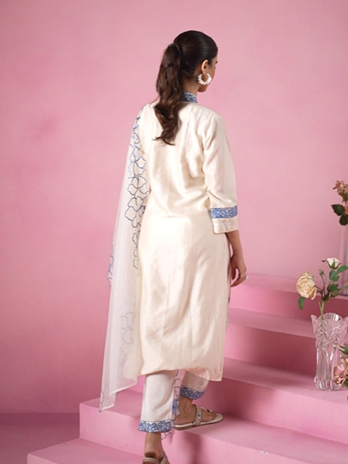 Off White Embroidered Straight Kurta Trousers With Dupatta set-KH9OW11113