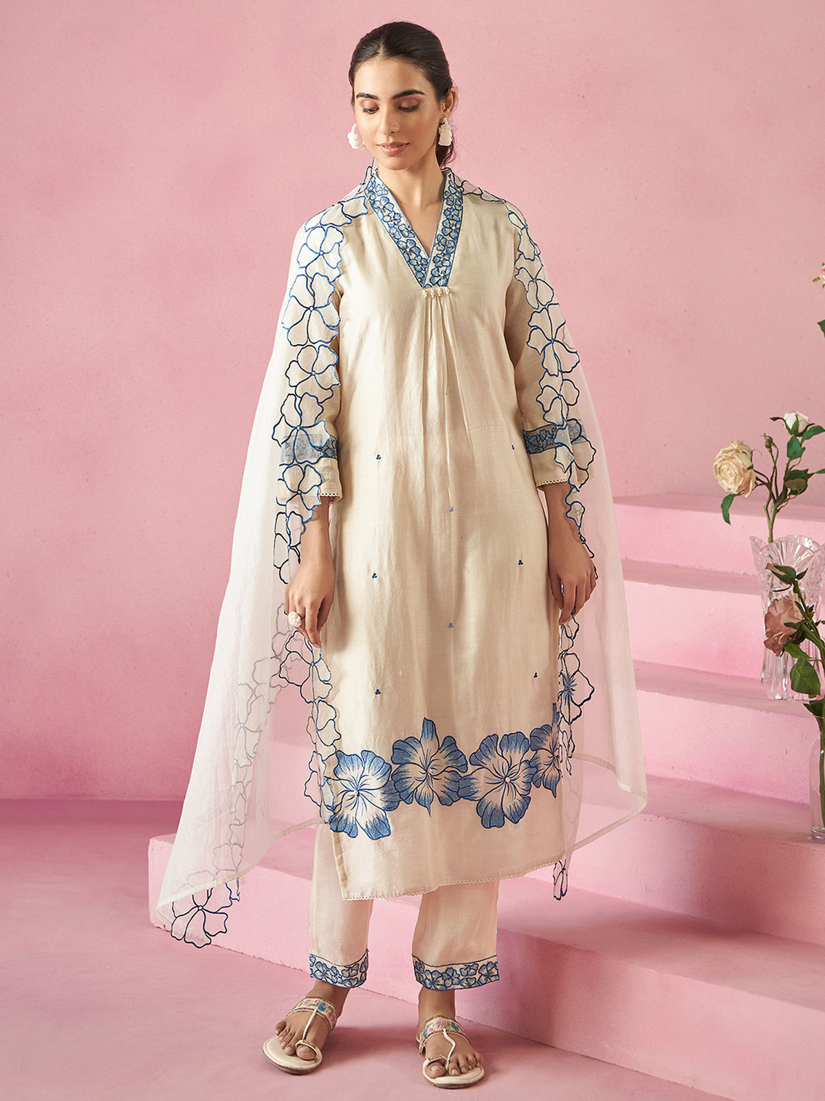 Off White Embroidered Straight Kurta Trousers With Dupatta set-KH9OW11113