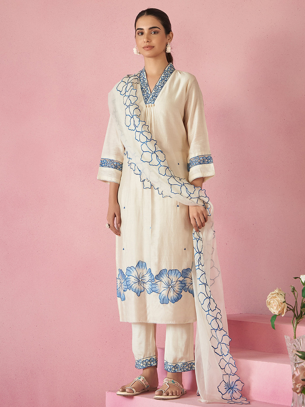 Off White Embroidered Straight Kurta Trousers With Dupatta set-KH9OW11113