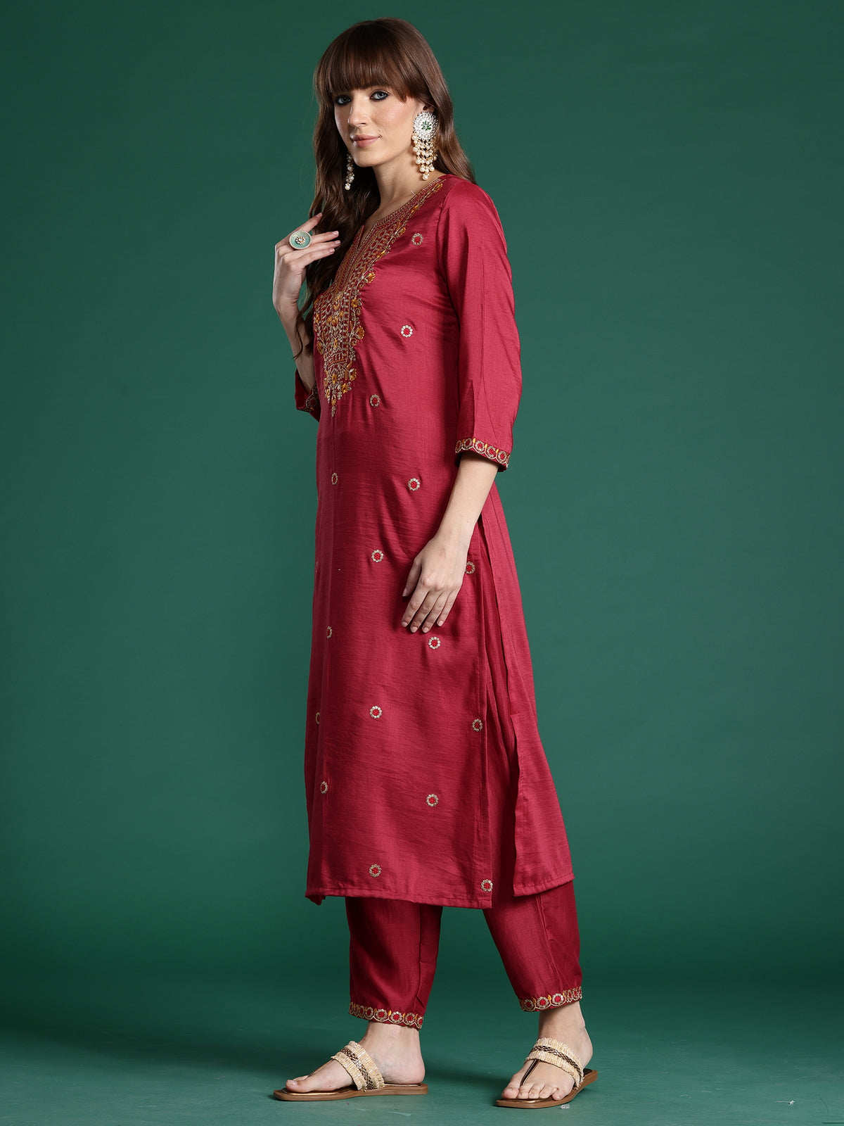 Pink Embroidered Straight Kurta Trousers With Dupatta Set-KH9PK10434