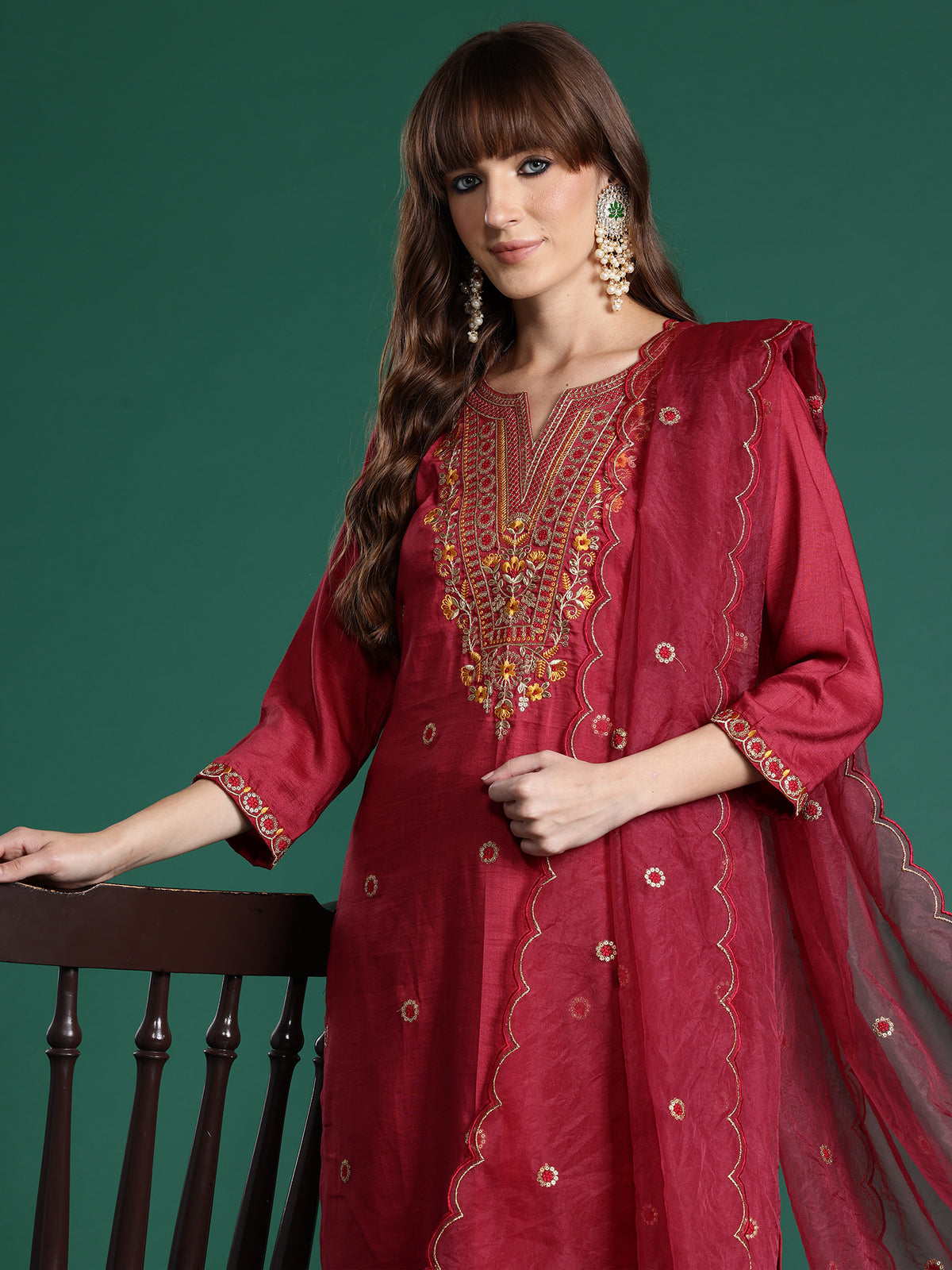 Pink Embroidered Straight Kurta Trousers With Dupatta Set-KH9PK10434